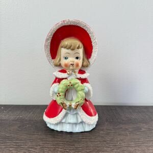 Vintage Large Thames Christmas Girls Red Coat Bonnet Sugar Trim Japan 6-1/2"